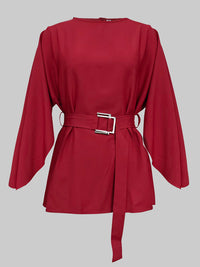 Split-Joint Tied Waist Batwing Sleeves Round-Neck Blouses&Shirts Tops