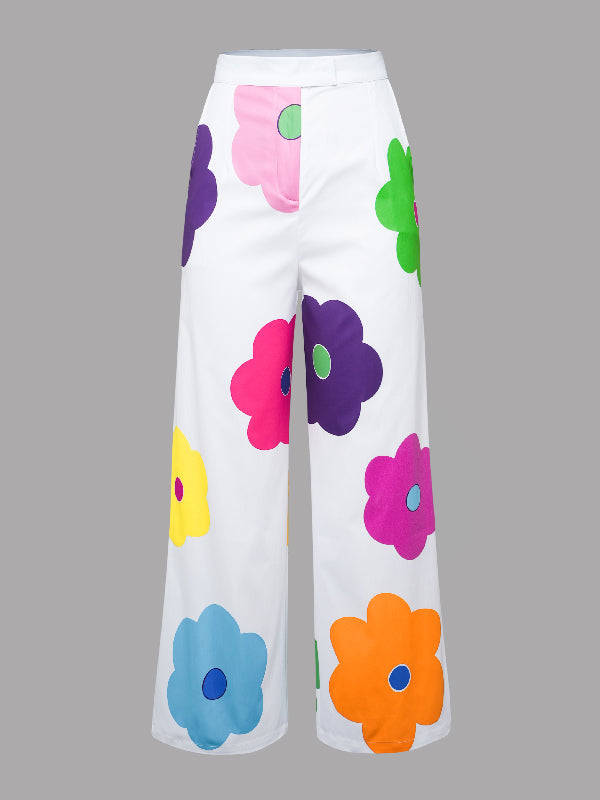 High Waisted Wide Leg Floral Printed Multi-Colored Casual Pants Bottoms Trousers