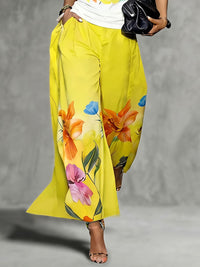 High Waisted Loose Flower Print Pockets Solid Color Pants Trousers