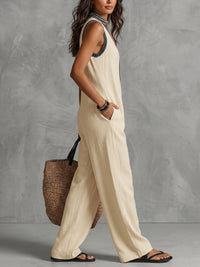 Pockets Solid Color Zipper Sleeveless Wide Leg Stand Collar Jumpsuits
