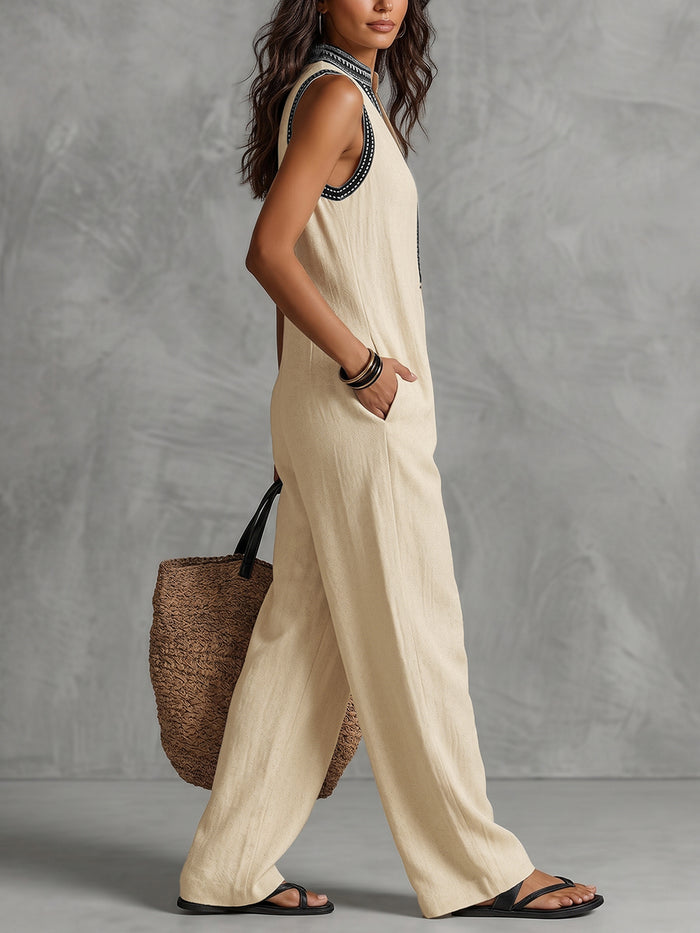 Pockets Solid Color Zipper Sleeveless Wide Leg Stand Collar Jumpsuits
