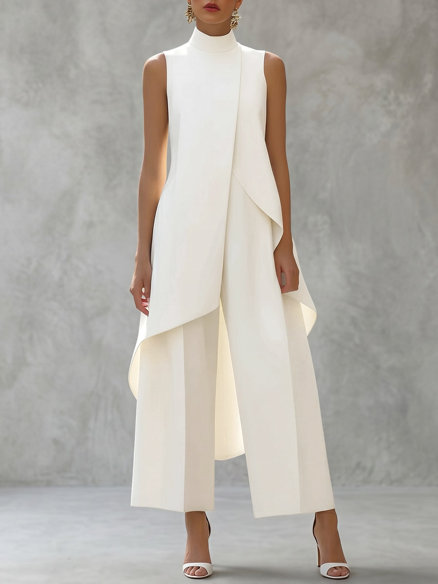 Solid Color Mock Neck High-Low Blouses&Shirts Tops + High Waisted Pants Trousers Two Pieces Set
