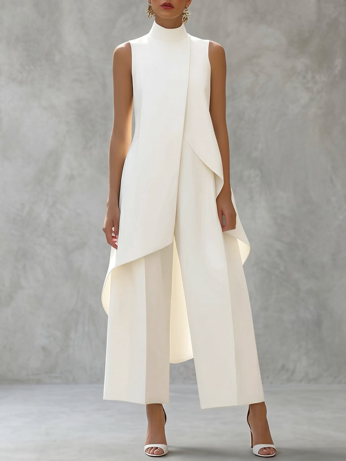 Solid Color Mock Neck High-Low Blouses&Shirts Tops + High Waisted Pants Trousers Two Pieces Set