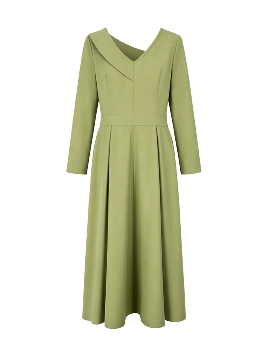 A-Line High Waisted Pleated Pockets Solid Color V-Neck Maxi Dresses