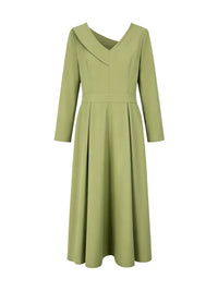 A-Line High Waisted Pleated Pockets Solid Color V-Neck Maxi Dresses