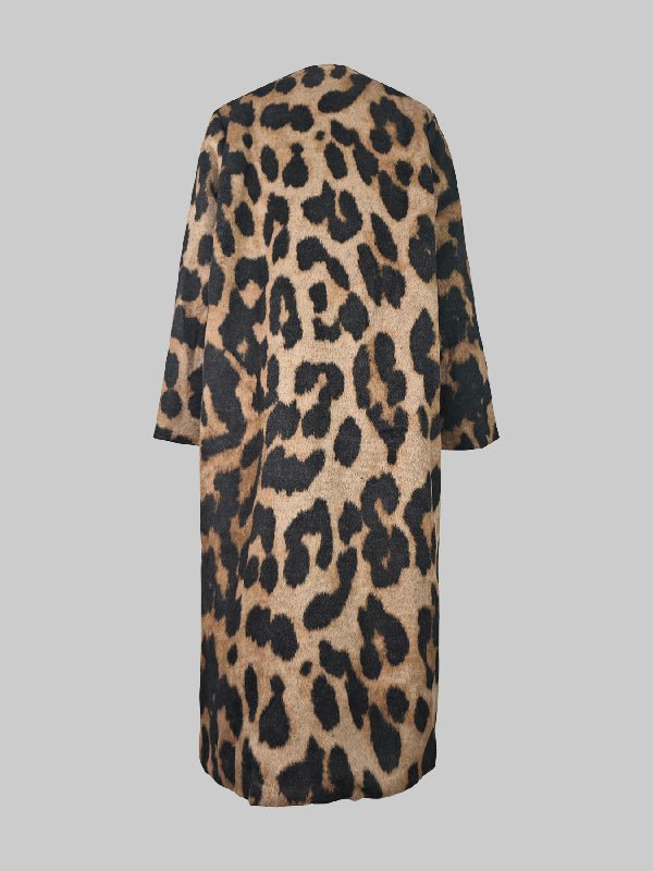 Buttoned Leopard Pockets Split-Joint Long Sleeves Loose V-Neck Trench Coats Outerwear