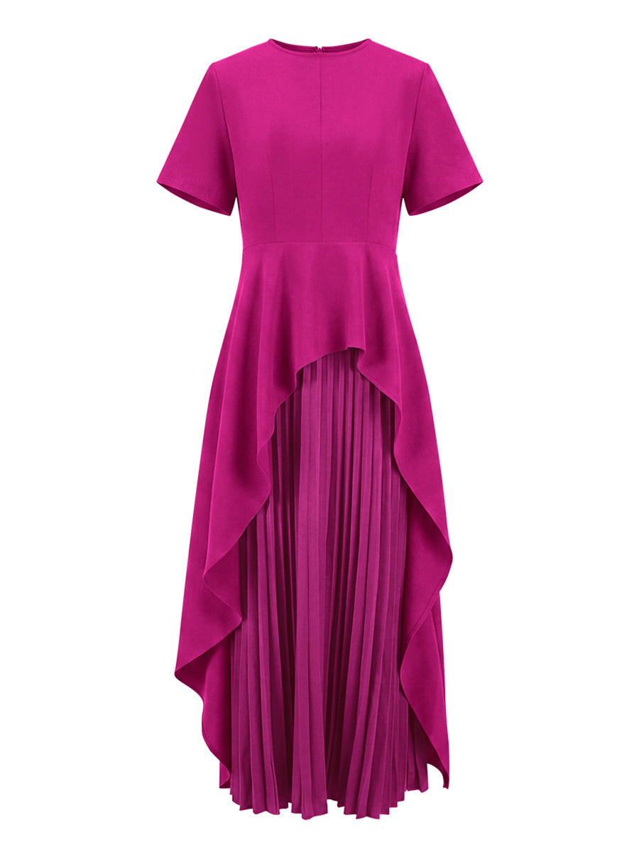 A-Line High Waisted Pleated Solid Color Split-Joint Round-Neck Maxi Dresses
