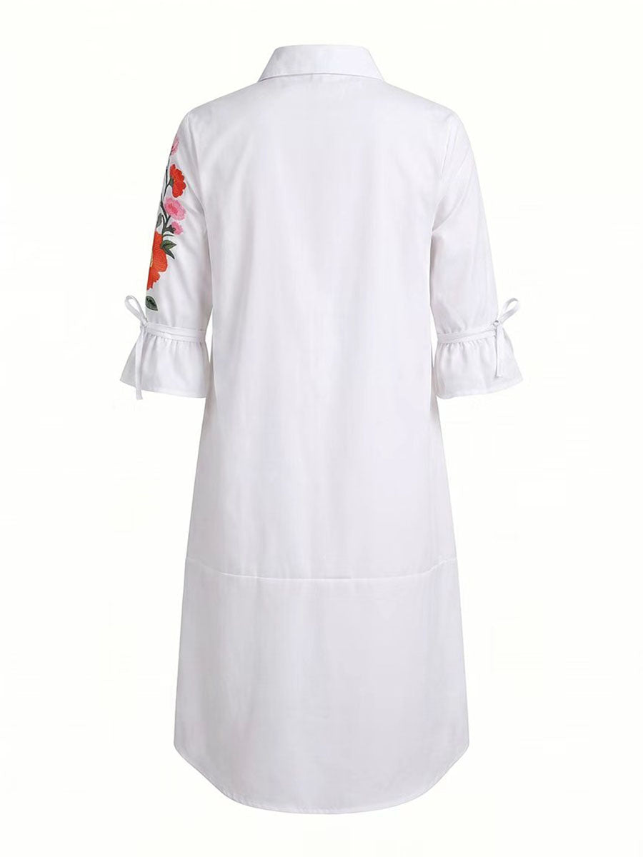 Buttoned Flower Print Pockets Split-Joint Tied A-Line Half Sleeves Lapel Midi Dresses