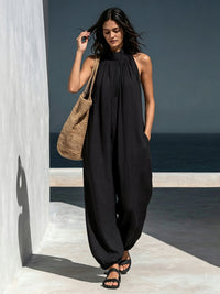 Loose Sleeveless Hollow Pockets Solid Color Mock Neck Jumpsuits