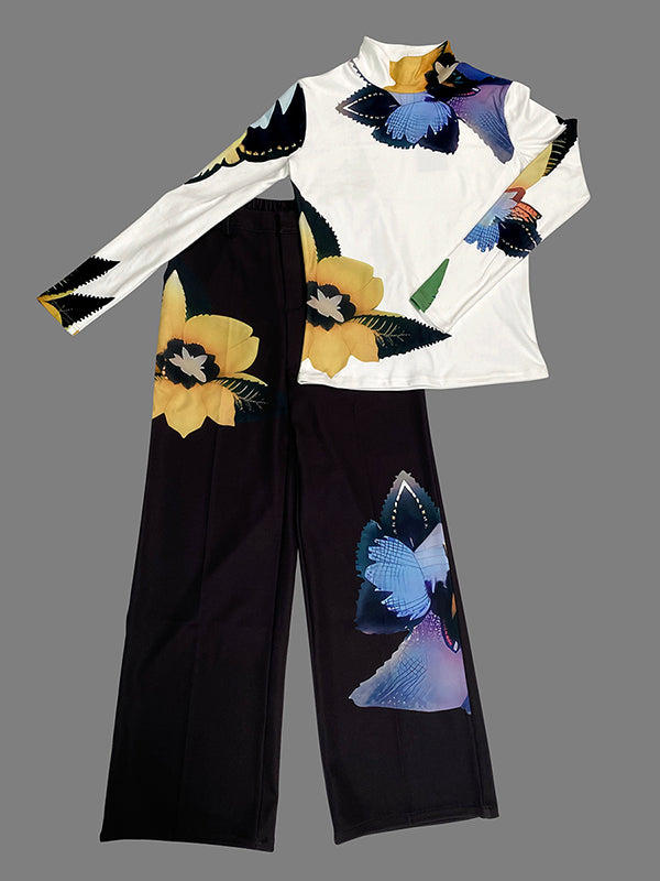 Flower Print Long Sleeves Skinny High Neck T-Shirts Tops