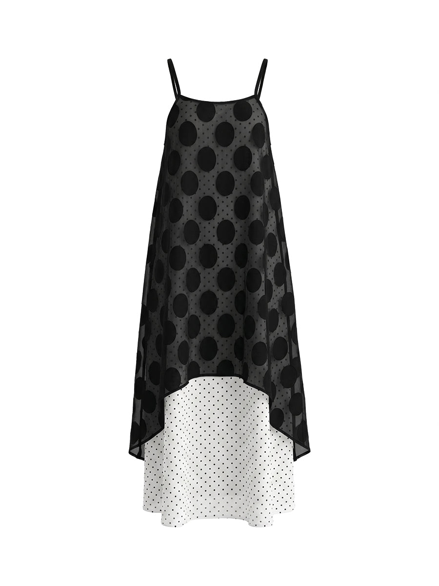 False Two Sleeveless Contrast Color Polka Dot See-Through Spaghetti-Neck Midi Dresses Slip Dress