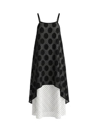 False Two Sleeveless Contrast Color Polka Dot See-Through Spaghetti-Neck Midi Dresses Slip Dress