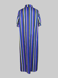 Split-Joint Striped Long Sleeves Loose Lapel Shirt Dress Maxi Dresses