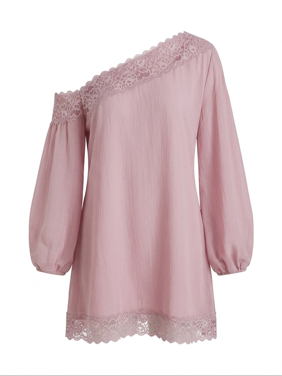 Solid Color Split-Joint Long Sleeves Loose One-shoulder Mini Dresses