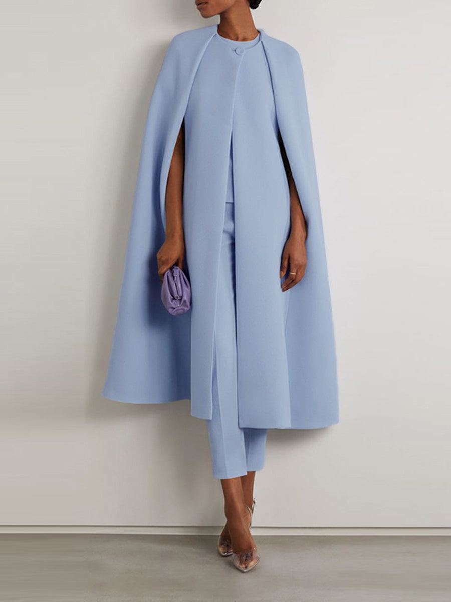 Solid Color Cap Sleeve Round-neck Two Pieces Set Pants Cape