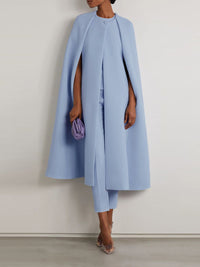 Solid Color Cap Sleeve Round-neck Two Pieces Set Pants Cape