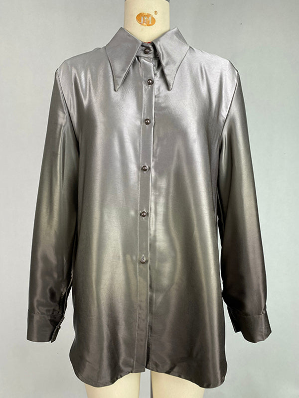 Buttoned Gradient Long Sleeves Lapel Blouses&shirts Tops