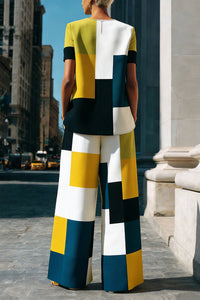 Loose Short Sleeves Buttoned Contrast Color Split-Joint Round-Neck Blouses&Shirts Tops