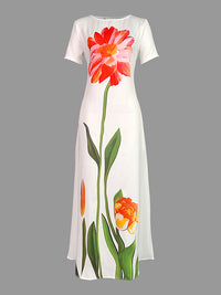 Short Sleeves Flower Print Boat Neck Maxi Dresses