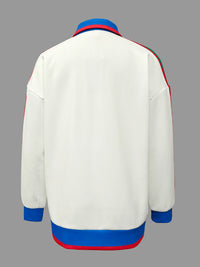 Long Sleeves Loose Contrast Color Striped Zipper Lapel Outerwear