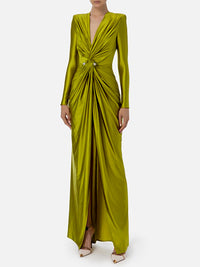 Solid Color Bodycon Long Sleeves Pleated  Split-Front Tied Waist Deep V-Neck Maxi Dresses