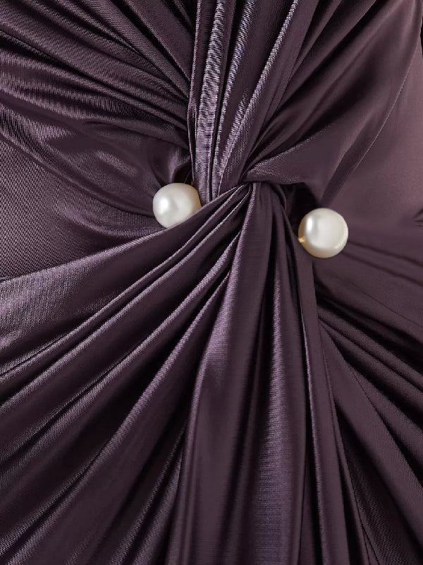 Solid Color Bodycon Long Sleeves Pleated  Split-Front Tied Waist Deep V-Neck Maxi Dresses