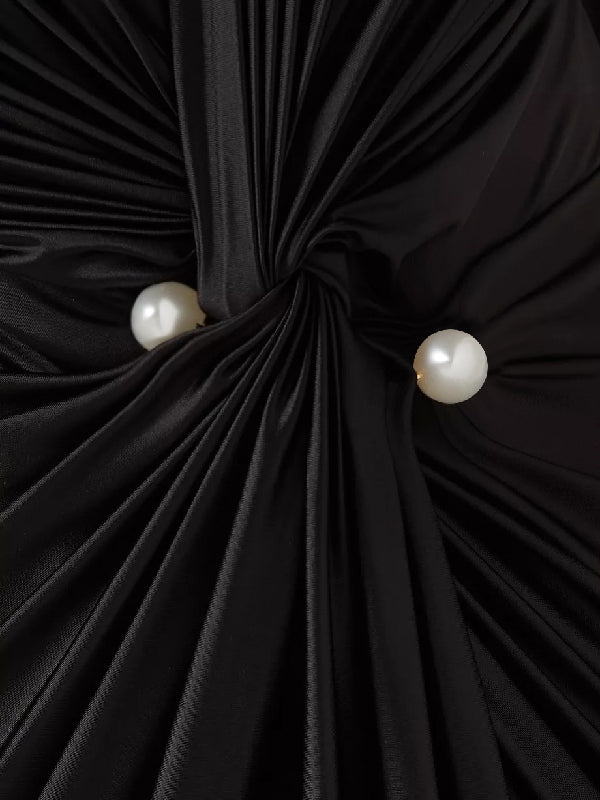 Solid Color Bodycon Long Sleeves Pleated  Split-Front Tied Waist Deep V-Neck Maxi Dresses