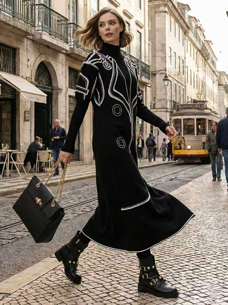 False Two Long Sleeves Print Half Turtleneck Midi Dresses Sweater Dresses