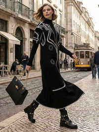 False Two Long Sleeves Print Half Turtleneck Midi Dresses Sweater Dresses