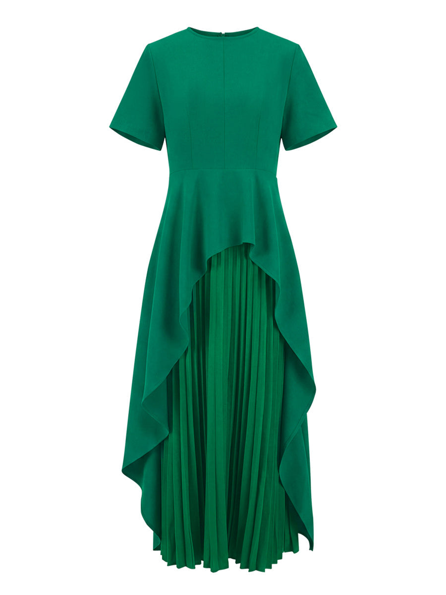 A-Line High Waisted Pleated Solid Color Split-Joint Round-Neck Maxi Dresses