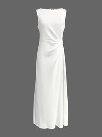 Sleeveless Gauze Pleated Solid Color Split-Joint Round-Neck Evening Dresses Maxi Dresses