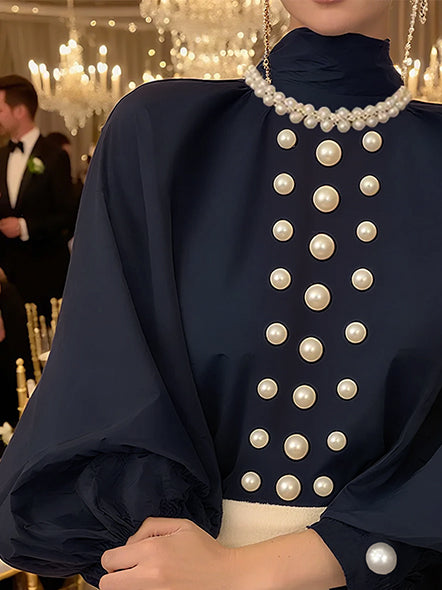 Loose Puff Sleeves Solid Color High Neck Blouses&Shirts Tops