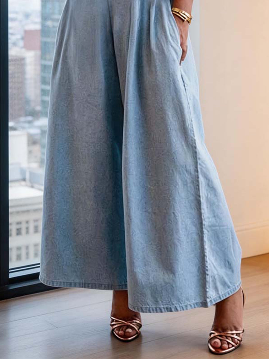 Pleated Solid Color Split-Joint Stretch; Elastic Loose Short Sleeves Off-The-Shoulder Jumpsuits