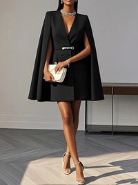 Cape Split-Joint Tied Waist V-Neck Mini Dresses