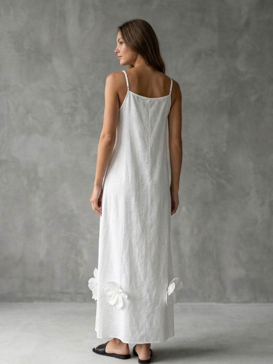 Pleated Solid Color Split-Joint Three-Dimensional Flower A-line Loose Spaghetti-Neck Midi Dresses