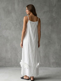 Pleated Solid Color Split-Joint Three-Dimensional Flower A-line Loose Spaghetti-Neck Midi Dresses