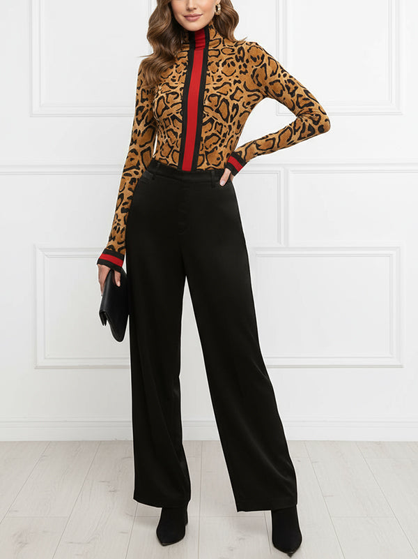 Long Sleeves Skinny Contrast Color Leopard High Neck T-Shirts Tops