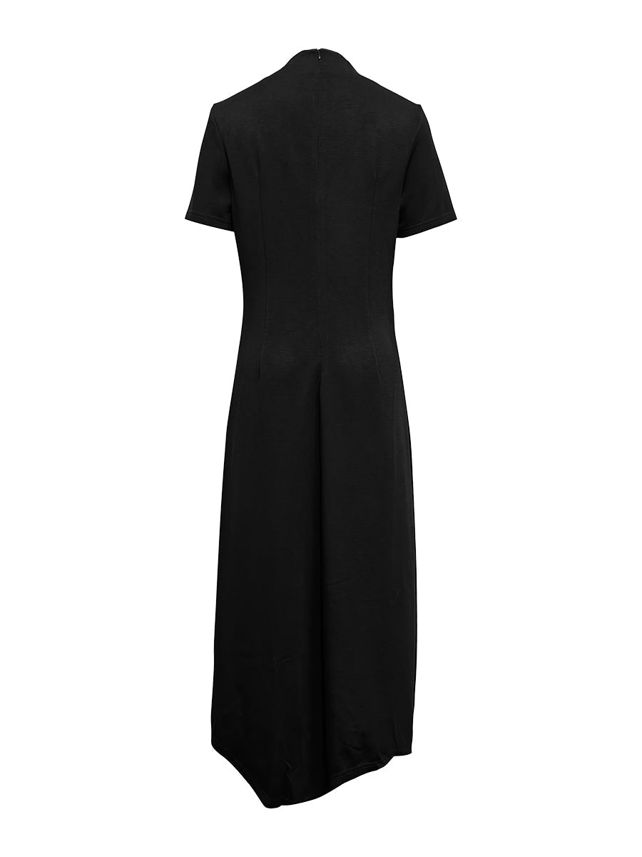 High-low Short Sleeves Buttoned Solid Color Round-neck Maxi Dresses