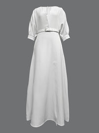 Half Sleeves Loose Belted Solid Color Deep V-Neck Maxi Dresses