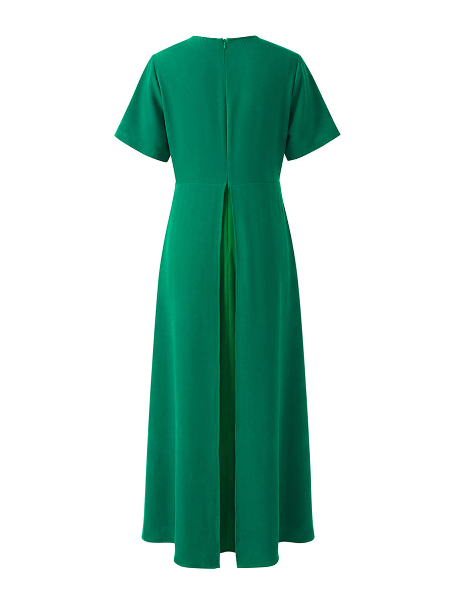A-Line High Waisted Pleated Solid Color Split-Joint Round-Neck Maxi Dresses