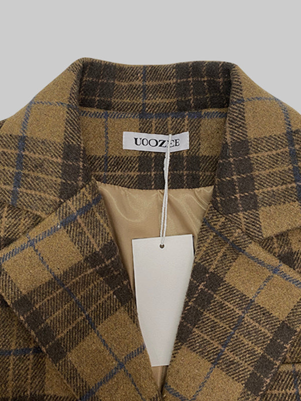 Plaid Split-Joint Lapel Woolen Coat Jackets