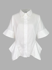 Half Sleeves Loose Buttoned Solid Color Lapel Blouses&Shirts Tops