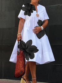 Flower Print Pleated A-Line Loose V-Neck Midi Dresses