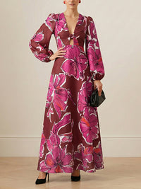 Elasticated Waist Long Sleeves Contrast Color Flower Print Hollow Split-Joint Twist Deep V-Neck Maxi Dresses