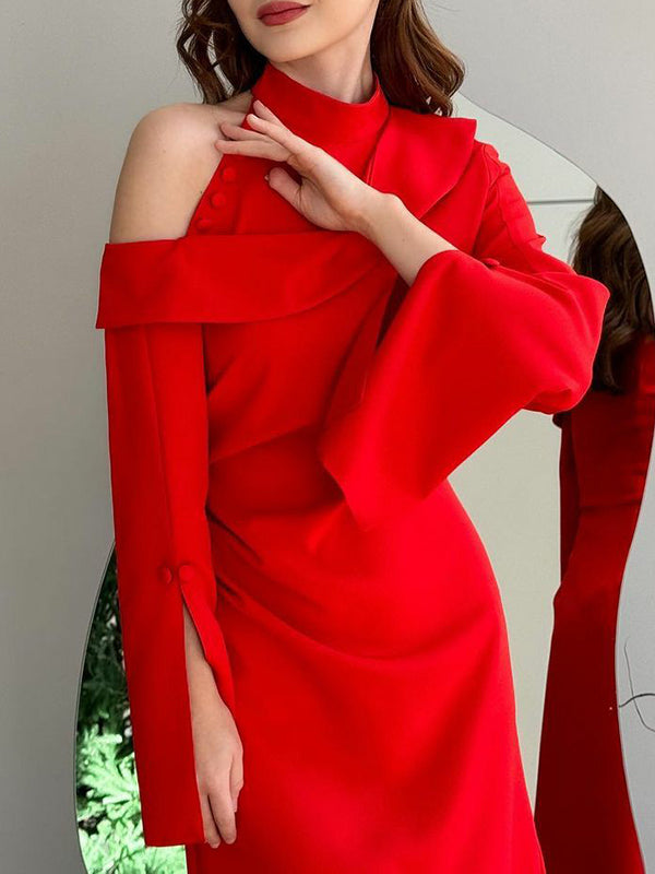 Flared Sleeves Asymmetric Buttoned Hollow Solid Color Zipper Cold Shoulder Evening Dresses Maxi Dresses