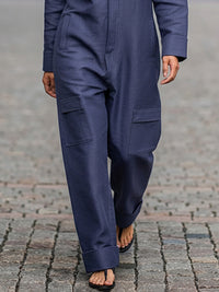 Long Sleeves Loose Solid Color Zipper Lapel Jumpsuits