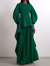 Long Sleeves Loose Pleated Solid Color Split-Joint Tiered Round-Neck Maxi Dresses