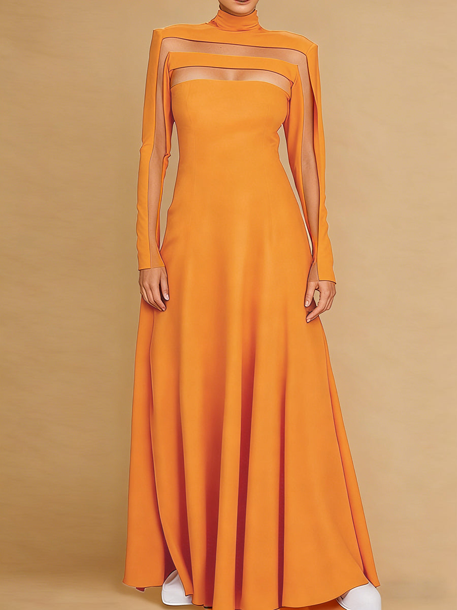 A-Line Long Sleeves Split-Joint High Neck Maxi Dresses