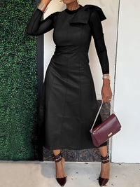 Bowknot Solid Color Split-Joint A-Line Long Sleeves Round-Neck Midi Dresses