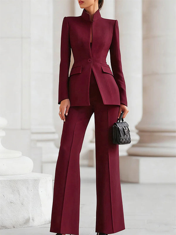 Long Sleeves Buttoned Pockets Solid Color Stand Collar Blazer Outerwear